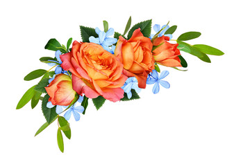 Orange roses and blue small flowers with eucalyptus leaves in a corner floral arrangement