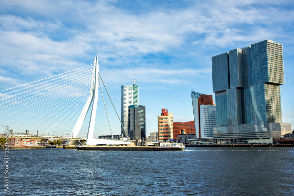 The morning view of Rotterdam Skyline with Erasmusbrug bridge, Netherlands