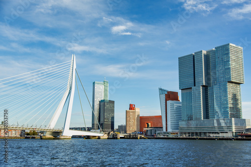 The morning view of Rotterdam Skyline with Erasmusbrug bridge, Netherlands