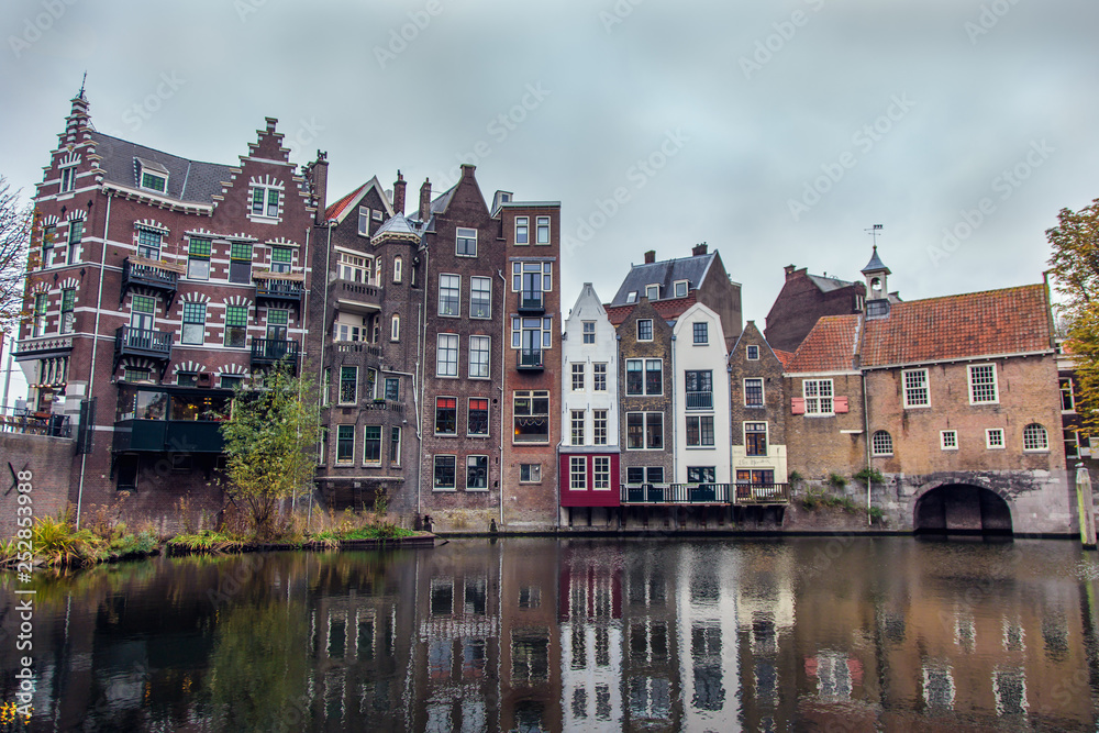 The old houses in historical Delfshaven district in the city center of Rotterdam, Netherlands