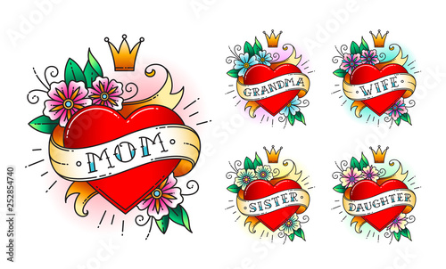 Set of Classic tattoo heart with flowers, crown and  ribbon with words -  mom, grandma, wife, sister, daughter. Classic old school American retro tattoo. Vector illustration.
