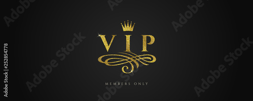 VIP - Glitter gold logo with crown and flourishes element  on black background. Vector illustration.