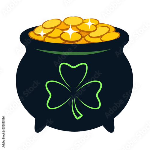 Pot of gold vector cartoon illustration. Black pot filled with sparkling golden coins, with shamrock clover sign on side. Irish, St. Patrick's Day celebration theme design element isolated on white.