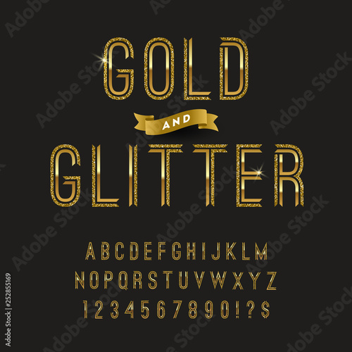 Gold and glitter typeface. Vector golden font design, alphabet, typeface, letters and numbers.  Vector illustration.