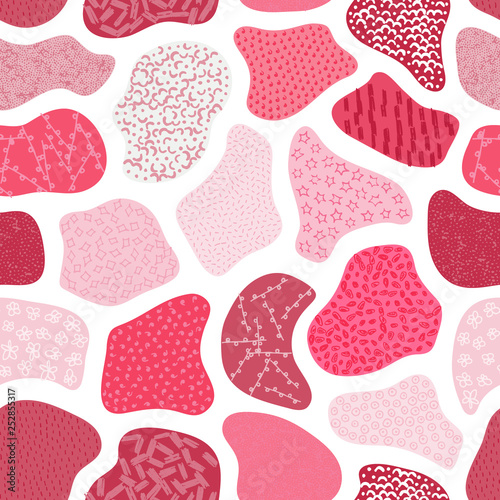 Vector seamless pattern with hand drawn abstract shapes. Textured figures. Unique design. Creative background. It looks like cloth scraps or pebbles. Wallpaper, textile, wrapping, print on clothes