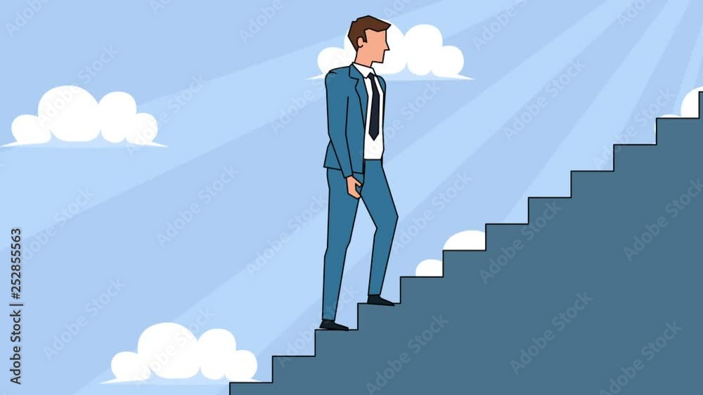 Flat cartoon businessman character goes up the career ladder stairs animation Flat cartoon businessman character goes up the career ladder stairs animation
