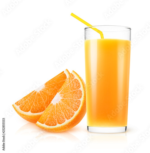 Isolated orange juice. Fresh orange juice in a glass and pieces of fruit isolated on white background with clipping path