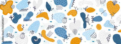 Vector abstract creative background with hand drawn elements and different textured shapes. Freehand style. Applique. Unique artistic design. Header, poster, cover, banner, card, invitation, packaging