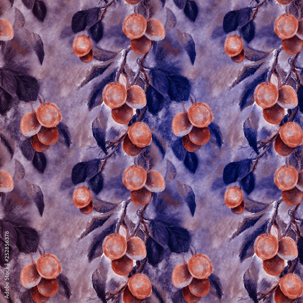 Hand drawn red plums branch and dark leaf on a colorful background. Fashion seamless pattern in pastel style. Hand drawn red plums branch and dark leaf on a colorful background. Fashion seamless pattern in pastel style.