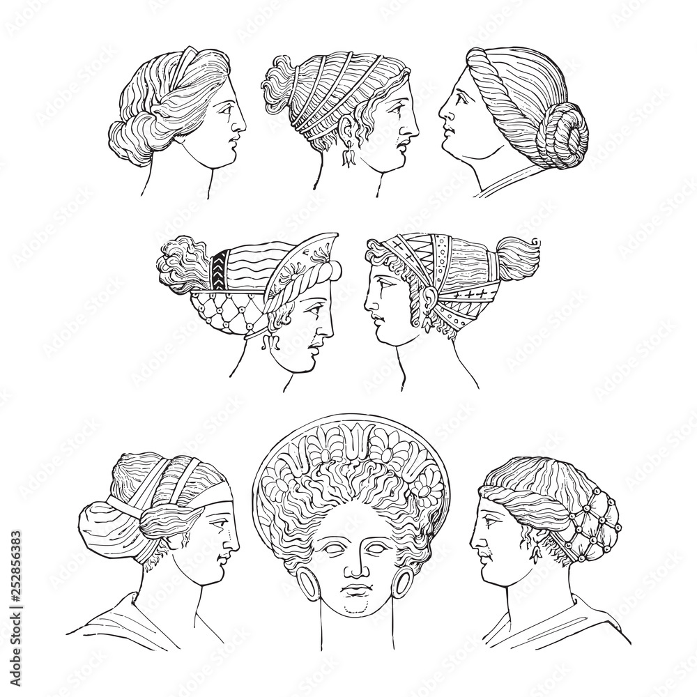 Ancient Greece hair dressing - greek sculpture / vintage illustration from  Meyers Konversations-Lexikon 1897 Stock Vector | Adobe Stock