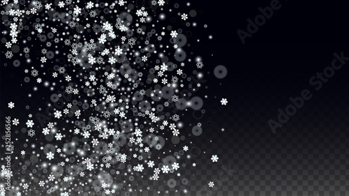 Christmas Vector Background with White Falling Snowflakes Isolated on Transparent Background. Realistic Snow Sparkle Pattern. Snowfall Overlay Print. Winter Sky. Design for Party Invitation.