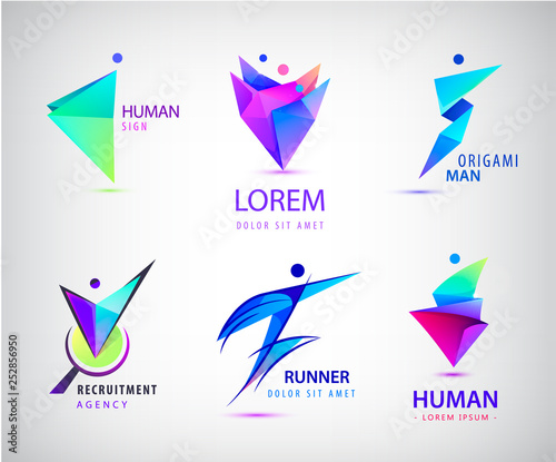 Vector set of human, man, people group logos. Teamwork, family, leader 3d origami
