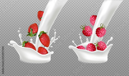 Milk splash with berry fruits Vector realistic. Strawberry and raspberry fres...