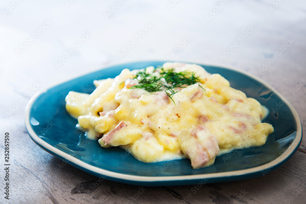 Gratin Of Potatoes, Ham, Eggs And Onions Gratin Of Potatoes, Ham, Eggs And Onions