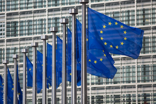 European Union flags in front of Berlaymont building, Brussels, Belgium
