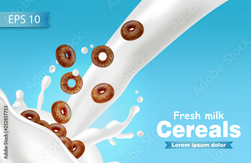 Rye cereals in milk splash Vector realistic. Blue background 3d detailed effe...