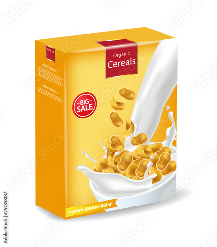 Cornflakes package isolated Vector realistic. Product placement mock up. Label design. 3d detailed illustrations