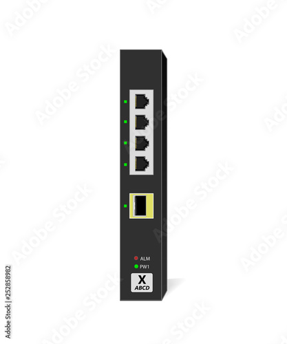 Small Office Switch (SOHO) with 4 10/100 / 1000Base-T ports, 1 1000Base-X SFP port in vertical orientation. Vector illustration.