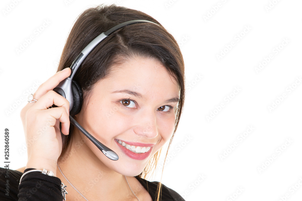 Attractive woman wearing a headset operator in call center service Attractive woman wearing a headset operator in call center service