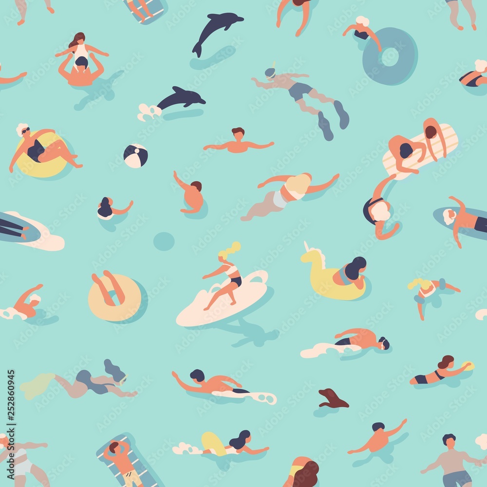Summer seamless pattern with people swimming, diving, surfing, lying on floating air mattress, playing with ball in sea or ocean. Flat cartoon vector illustration for textile print, wrapping paper.