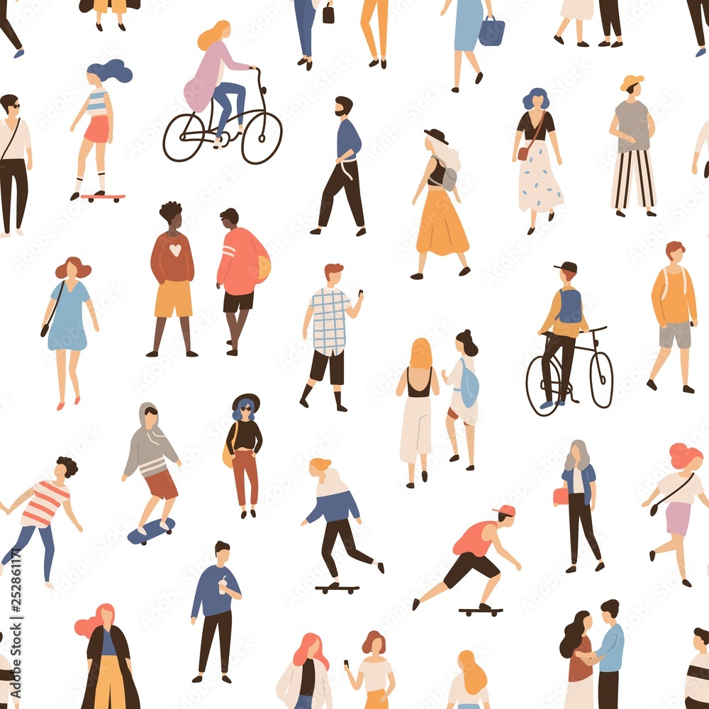 Seamless pattern with people walking on street, riding bike or skateboard. Backdrop with men, women and children performing outdoor activities. Flat cartoon vector illustration for textile print.