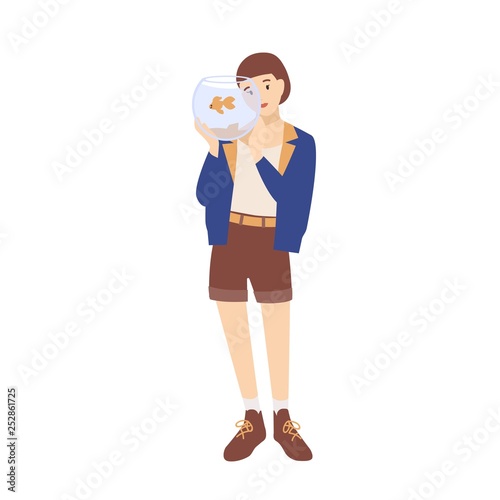 Pretty happy young woman or girl holding aquarium with her fish
