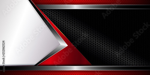 Geometric design in red with an arrow and a textural mesh frame.