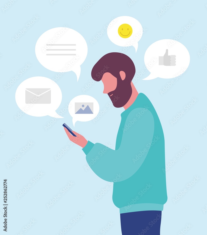 Bearded man chatting online or texting on smartphone or mobile phone Bearded man chatting online or texting on smartphone or mobile phone