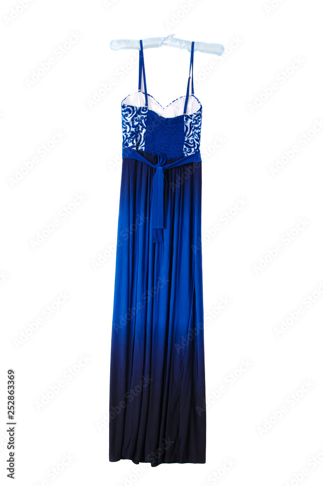 One long evening dress in dark blue on a white isolated background. Stylish fashionable dress One long evening dress in dark blue on a white isolated background. Stylish fashionable dress