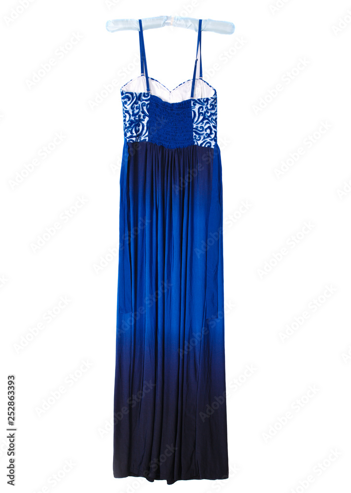 One long evening dress in dark blue on a white isolated background. Stylish fashionable dress