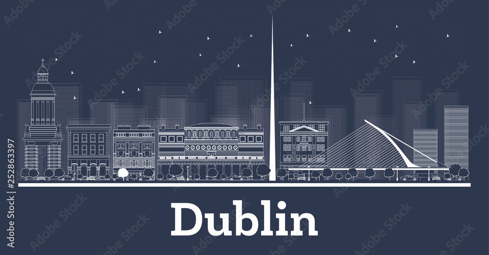 Outline Dublin Ireland City Skyline with White Buildings.