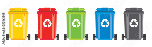 Set of Recycle Bins with Recycle Symbol Isolated on White Background.