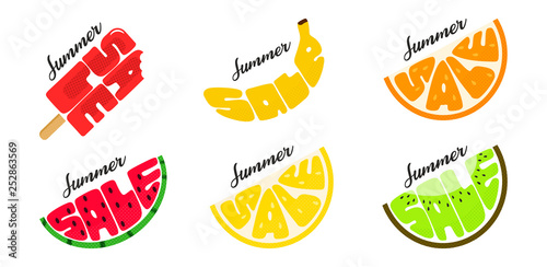  Summer sale set of vector sign doodle illustration. Design element for decorating a  beach shop, menu or leaflet. Fruit, ice cream, cocktail, watermelon, banana, orange, lemon, kiwi.