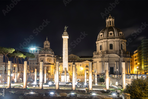 View of the Trajan forum with the Church of Santa Maria di Loreto and column Trajan at night, Rome, Italy
