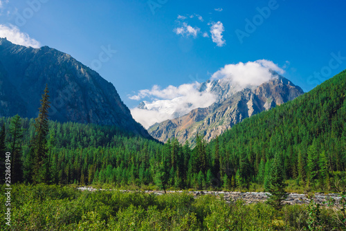 Stream along forest edge. Rocky ridge with snow behind hills with conifer forest. Clouds on top of huge snowy mountain range under blue sky. Giant rock. Atmospheric landscape of highland nature.