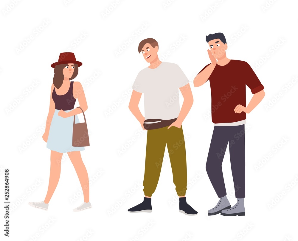 Group of men whistling and staring at young woman on street. Sexual harassment, assault and abuse incident. Abusive behavior or molestation. Molesters and victim. Flat cartoon vector illustration. Group of men whistling and staring at young woman on street. Sexual harassment, assault and abuse incident. Abusive behavior or molestation. Molesters and victim. Flat cartoon vector illustration.