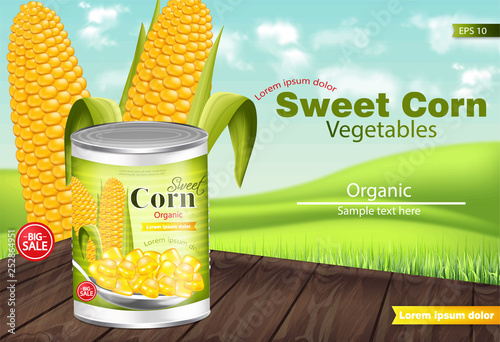 Sweet corn Vector realistic. Metal tin. Product package mock up. Label design...