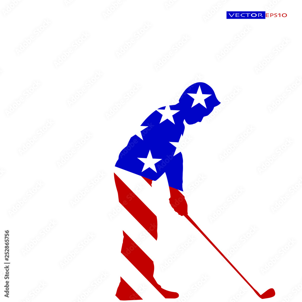 Fototapeta premium Young golfer in American flag, Star and stripes, Red white and blue color.