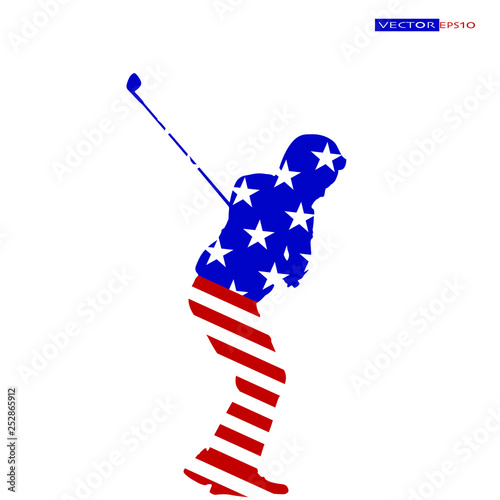 Young golfer in American flag, Star and stripes, Red white and blue color.