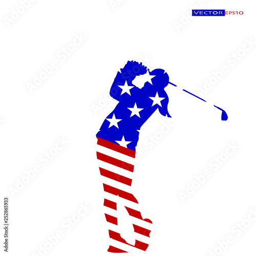 Young golfer in American flag, Star and stripes, Red white and blue color.