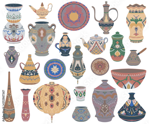Traditional Arabic utensils collection. Oriental dishes, pots, lantern, bowl, plates, pottery, ceramic with national floral ornament. Isolated objects on white background. Vector illustration