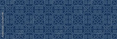 Indigo blue Sashiko style japanese needlework seamless vector border. Hand stitch abstract motif line texture ribbon. Textile edge trim, classic Japan decor band. Asian Kimono quilting template tape.