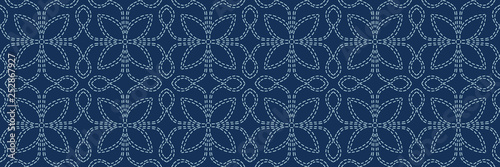 Indigo blue Sashiko style japanese needlework seamless vector border. Hand stitch floral motif line texture ribbon. Textile edge trim, classic Japan decor band. Asian simple Kimono quilting template.
