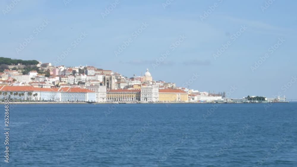 Lisbon old city center, POV view from ferry boat on Tagus River, Portugal Lisbon old city center, POV view from ferry boat on Tagus River, Portugal