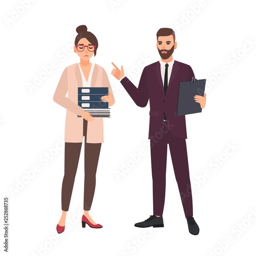 Male boss critisizing female employee overwhelmed with work isolated on white...