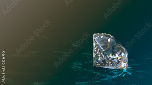 Round cut diamond on gradient background, sparkles, shadow, caustics rays. 3D rendering