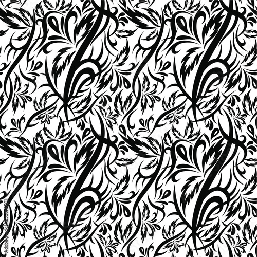 Tribal fantasy tropical black Flower seamless pattern with leaves, drops and curls on white background. Backdrop vector illustration