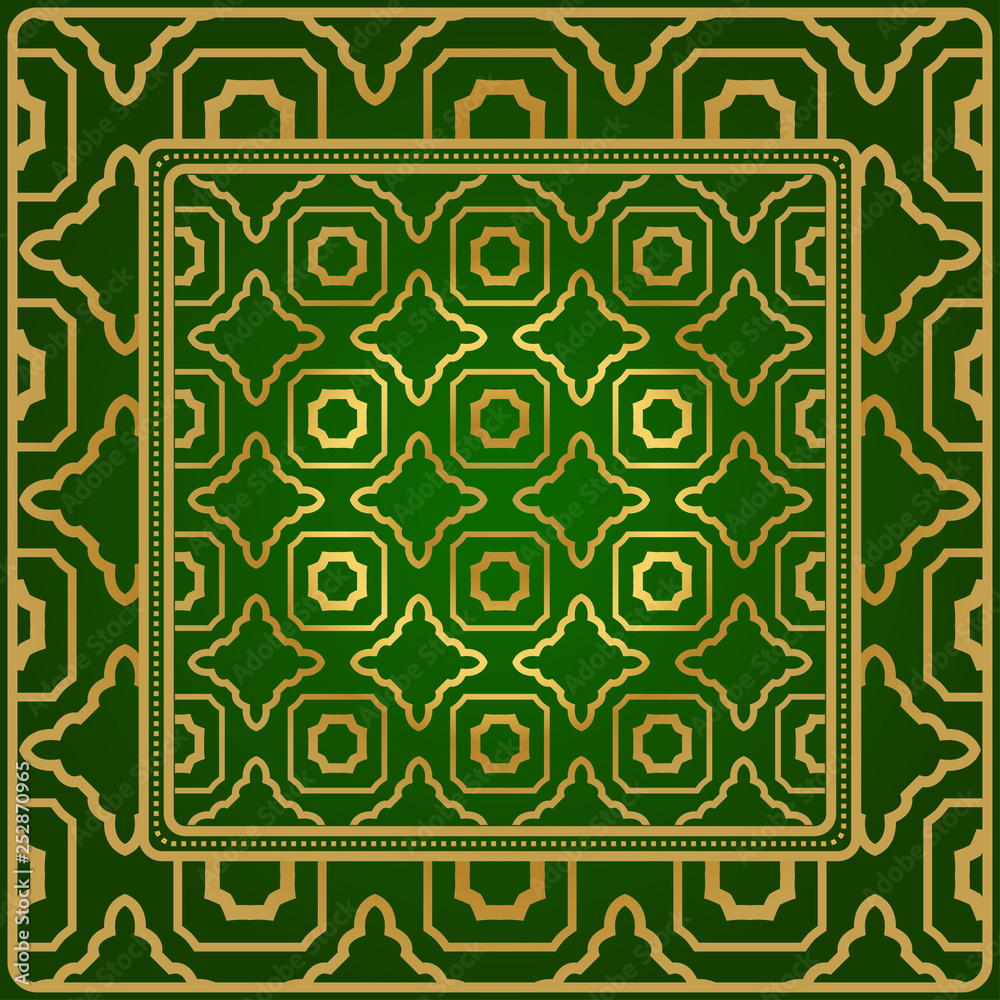Background, Geometric Pattern With Ornate Lace Frame. Illustration. For Scarf Print, Fabric, Covers, Scrapbooking, Bandana, Pareo, Shawl. Green gold color