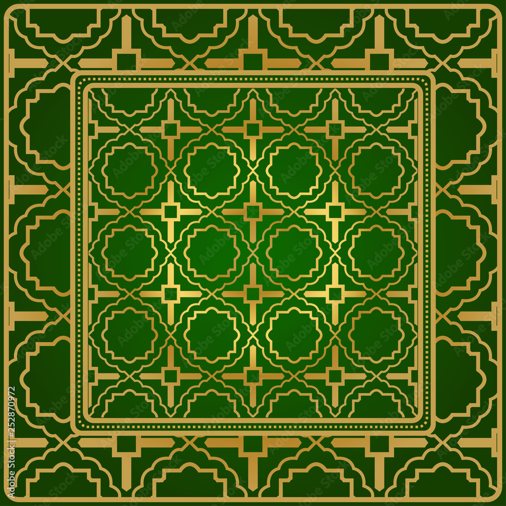 Obraz premium Background, Geometric Pattern With Ornate Lace Frame. Illustration. For Scarf Print, Fabric, Covers, Scrapbooking, Bandana, Pareo, Shawl. Green gold color