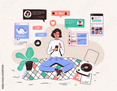 Young woman sitting on floor at home, holding smartphone and chatting in messenger or social network. Internet communication, online instant messaging or information exchange. Vector illustration.